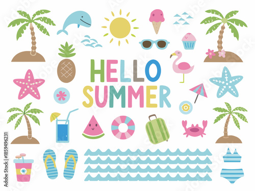 Colorful summer illustration featuring tropical objects beach items and cheerful greetings