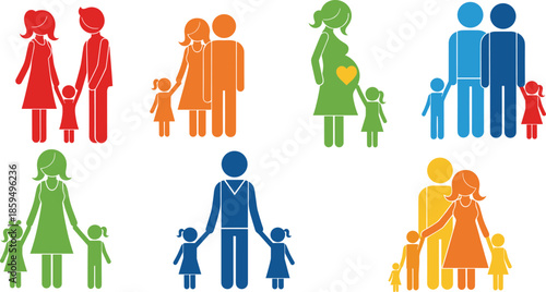 Collection of colorful stick-figure icons illustrating diverse modern family structures, including single-parent and expectant parents, symbolizing love and diversity.