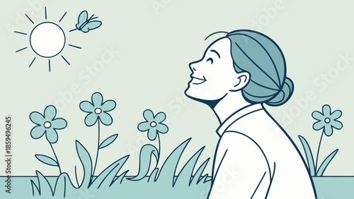 Vector illustration of a fashion lady with pink flowers in her hair and a summer bouquet featuring a glamour silhouette and nature leaves