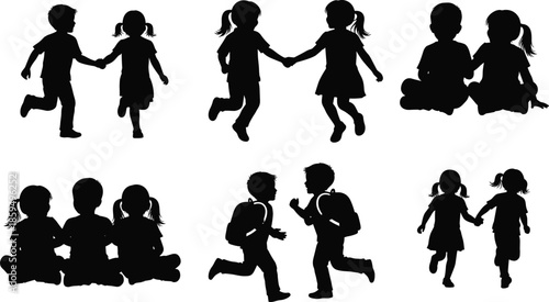 Collection of children silhouettes showing boys and girls running, sitting, holding hands, and wearing school backpacks, symbolizing friendship, education, and childhood activity.