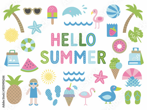 Colorful summer themed illustrations with beach items and a hello summer message