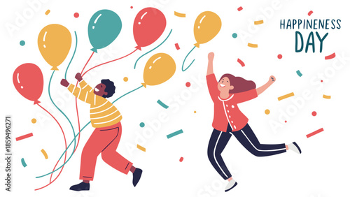 Happy birthday girl holding colorful balloons and a gift at a fun celebration party with a child and joy