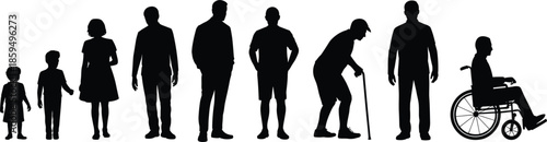 Silhouettes of people of different ages and a person in a wheelchair on a white background human generation
