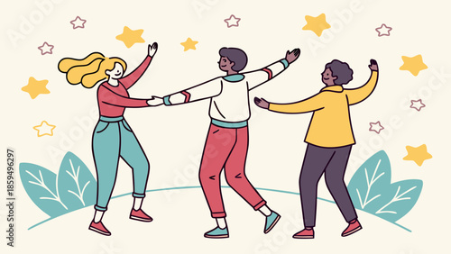 Black silhouette vector illustration of a happy family and dancing couple with a child and woman moving to music in a professional sport and business evolution style