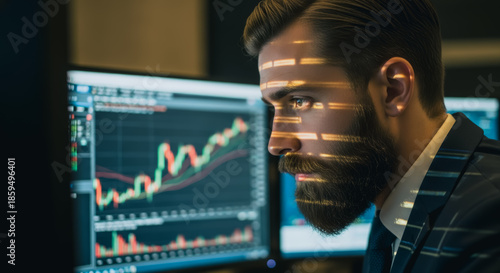 A focused trader monitors financial markets, deeply engrossed in analyzing market trends displayed on multiple computer screens.