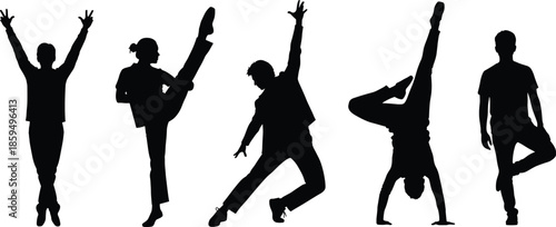 Collection of Dynamic Black Vector Silhouettes Featuring Male Dancers in Various Modern and Hip-Hop Dance Poses, Ideal for Art, Fitness, and Energetic Movement Concepts.