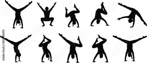 Collection of Dynamic Black Vector Silhouettes Featuring People Performing Handstands, Cartwheels, and Squats, Ideal for Gymnastics, Acrobatics, Fitness, and Body Movement Concepts.