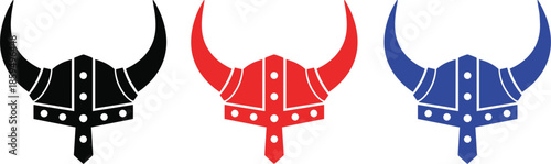 Three Viking Helmets in Black Red and Blue Colors Keywords: viking, helmet, warrior, headwear, protection, armor, ancient