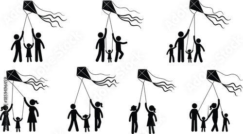 Collection of family silhouettes showing parents and children of various structures happily flying kites together, symbolizing teamwork, recreation, leisure, and outdoor fun.