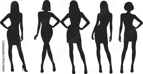 Collection of five black female model silhouettes in various fashion poses, symbolizing style, elegance, beauty, body type diversity, and modern feminine appearance on white.