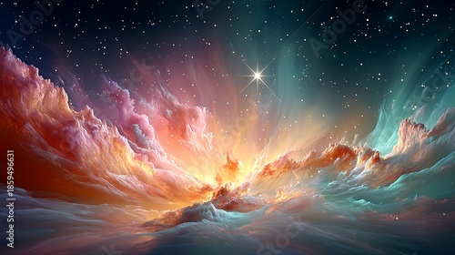 Soft swirling nebula in warm orange and rose tones, illuminated by a single bright cross-light star sitting in the middle of space