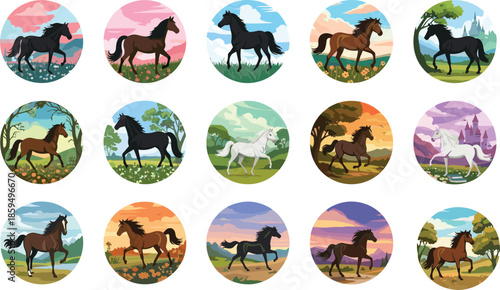 Collection of Flat Vector Horse Illustrations in Circular Landscapes Featuring Different Breeds and Scenic Backgrounds for Equestrian Theme Graphic Design Projects