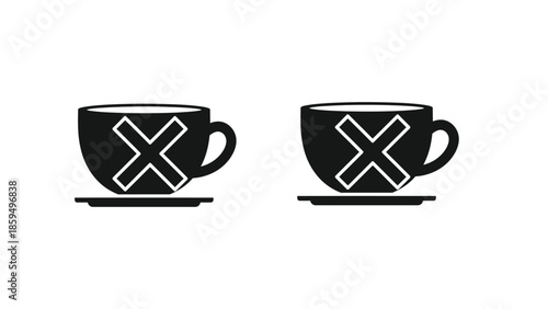 Simple black and white vector icon illustrating a coffee cup with a large white x mark signifying no drinking or exclusion from caffeine consumption in a minimalist design style.