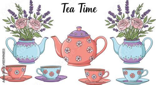 Colorful Floral Teapots, Cups, Saucers, and Bouquets of Roses and Lavender.