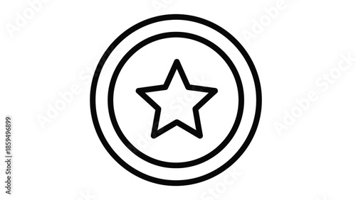 Simple black and white outline icon design depicting a five pointed star centrally positioned within a double circular border representing achievement or quality certification.
