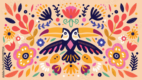 Vibrant owl surrounded by colorful flowers and leaves on peach background