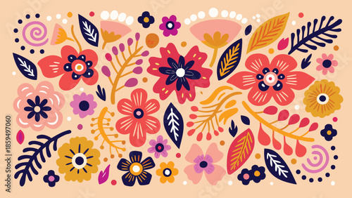 Vibrant floral pattern with colorful flowers and leaves on peach background