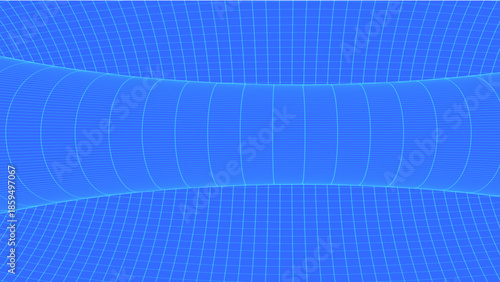 An abstract geometric figure constructed from a light coordinate grid against a rich blue background. The central area gently compresses, creating an effect of spatial tension and a smooth curvature o