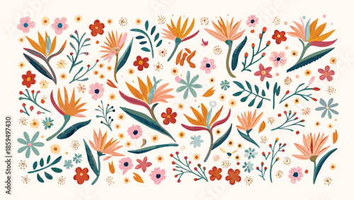 Vibrant floral pattern with colorful flowers and leaves on white background