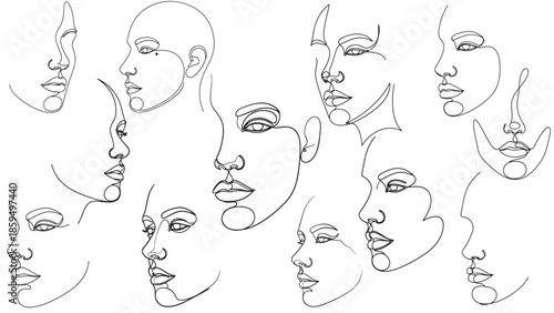 Abstract single continuous line drawing of a human face in profile, minimalist black vector illustration collection for modern art, identity, and silhouette graphic design