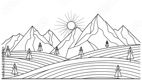 Minimalist mountain landscape composed of simple geometric shapes and peaks, black and white line art vector illustration collection for nature, travel, and adventure concepts