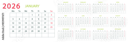 Set of Monthly pages Calendar Planner Templates 2026 with Note. Vector grid layout of a wall or desk simple organizer with week start Monday in grey and blue color for print. Pages size A4 -21x29.7cm 