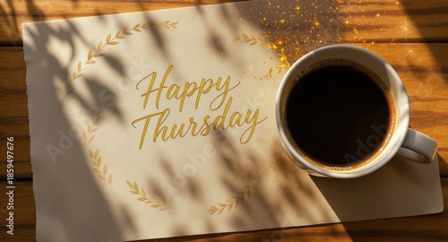 Coffee Cup and Happy Thursday Card on Wooden Table with Shadow and Sparkles
