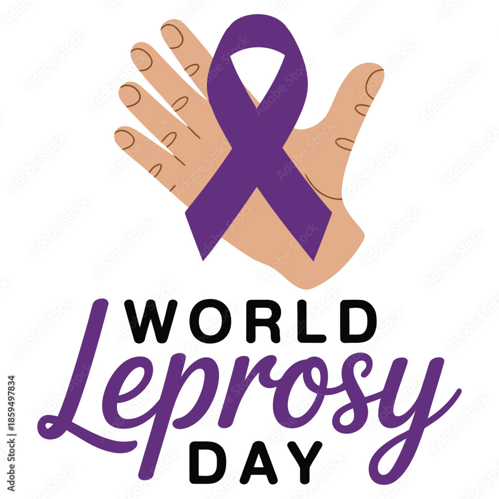 Obraz premium World Leprosy Day awareness illustration with purple ribbon and open hands symbolizing support, compassion and global health solidarity