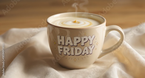 Mug with Happy Friday Text Warm Coffee Latte in Cream Color Cup on Soft Fabric Surface