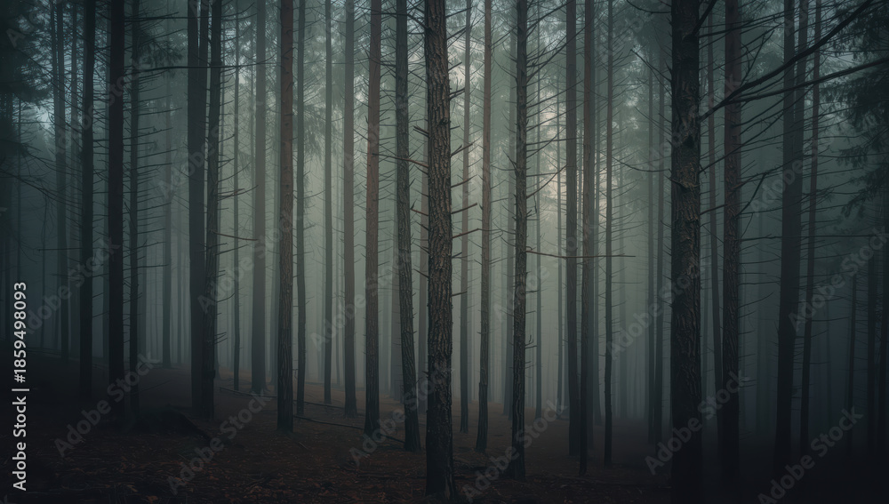 Naklejka premium Foggy pine forest with tall trunks and moody light, atmospheric and quiet