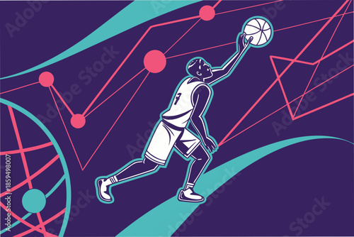 A basketball player in mid-air, shooting the ball with dynamic graphic elements
