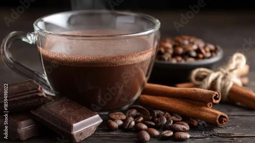 A steamy glass mug of rich, dark hot beverage, possibly cocoa or coffee, with delicate wisps of steam gently rising, evoking a sense of warmth and comfort. The inviting scene is artfully arranged with