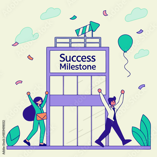 Two people celebrating a success milestone with confetti and balloons