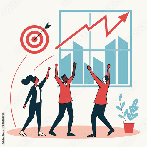 Three people celebrating success with a target and graph in the background