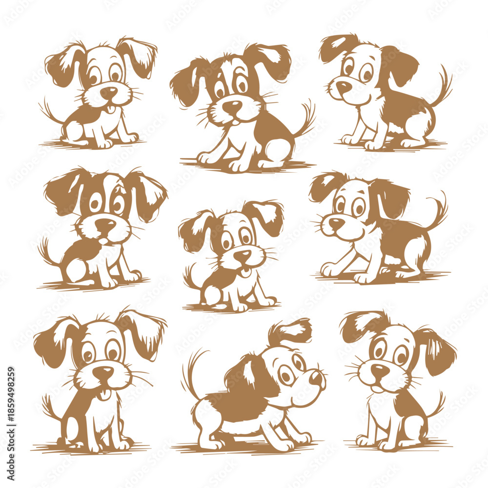 Obraz premium Set of nine cute hand drawn puppy dog characters in various playful poses brown line art on white background. 