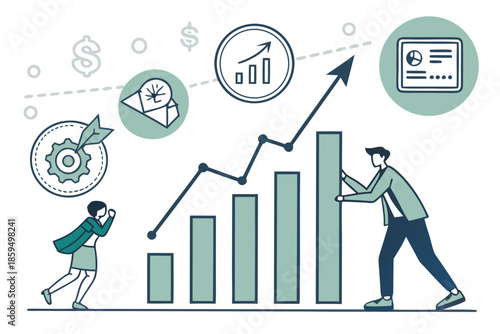 A businessman and woman analyze a growing bar graph with various business icons