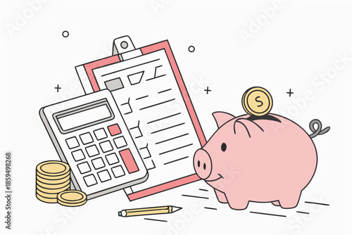 A cartoon piggy bank with a calculator and clipboard for saving money