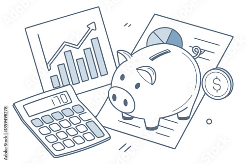 A cartoon piggy bank with a calculator and financial charts nearby