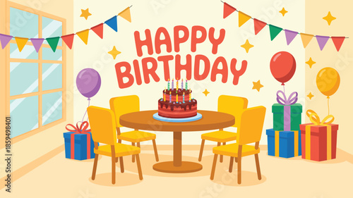 Happy birthday celebration illustration with cake, balloons, gifts and decorated room for party, greeting card and event concept