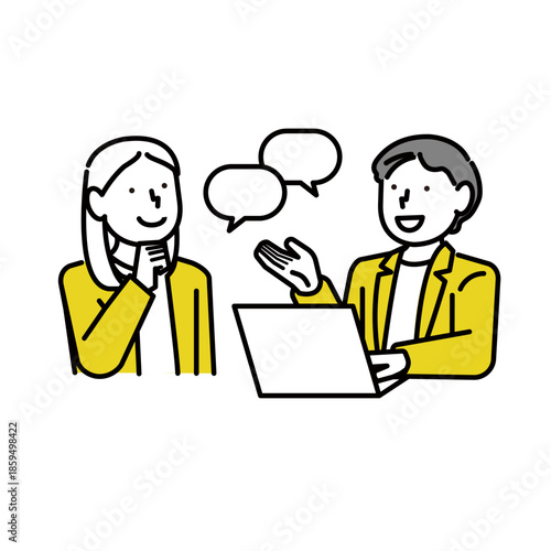 スーツ姿の男女がPCを見ながら会話する上半身イラスト:打ち合わせ:説明