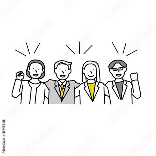 スーツ姿の男女が肩を組む上半身イラスト｜信頼・協力・チームワーク