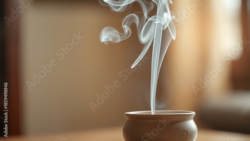 soliloquy. White smoke rising from a simple ceramic incense burner in soft indoor light. event programs, museum guides, designed for cultural heritage projects and event programs, supports education.