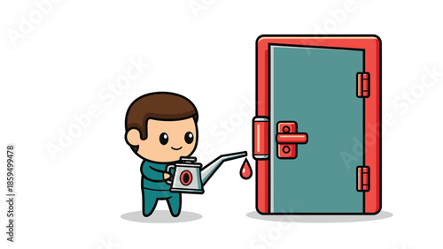 Cartoon Character Oiling a Squeaky Door with a Can