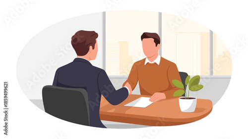 Business interview meeting illustration showing professional discussion between manager and candidate in modern office setting