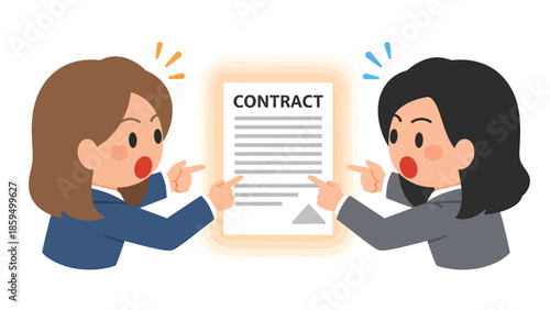 Cartoon Illustration of Two Businesswomen Arguing Over a Contract