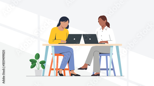 Two colleagues working together on laptop at office desk, modern flat illustration of teamwork, business collaboration and workplace concept