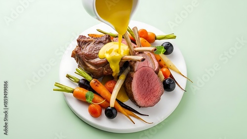 Modern French cuisine: Roasted Lamb neck & rack served with carrot, yellow curry pouring lamb sauce. Served in white stone plate, copy space, top view, green background 