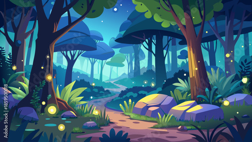 Forest landscape vector with fireflies glowing at night, magical flat illustration