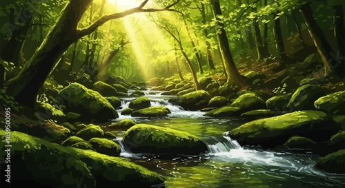 Mossy Forest Creek With Golden Light