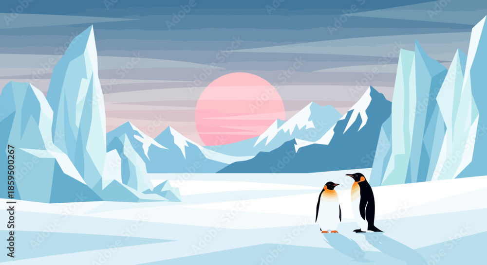 Obraz premium Arctic Sunrise With Penguins Winter Landscape
